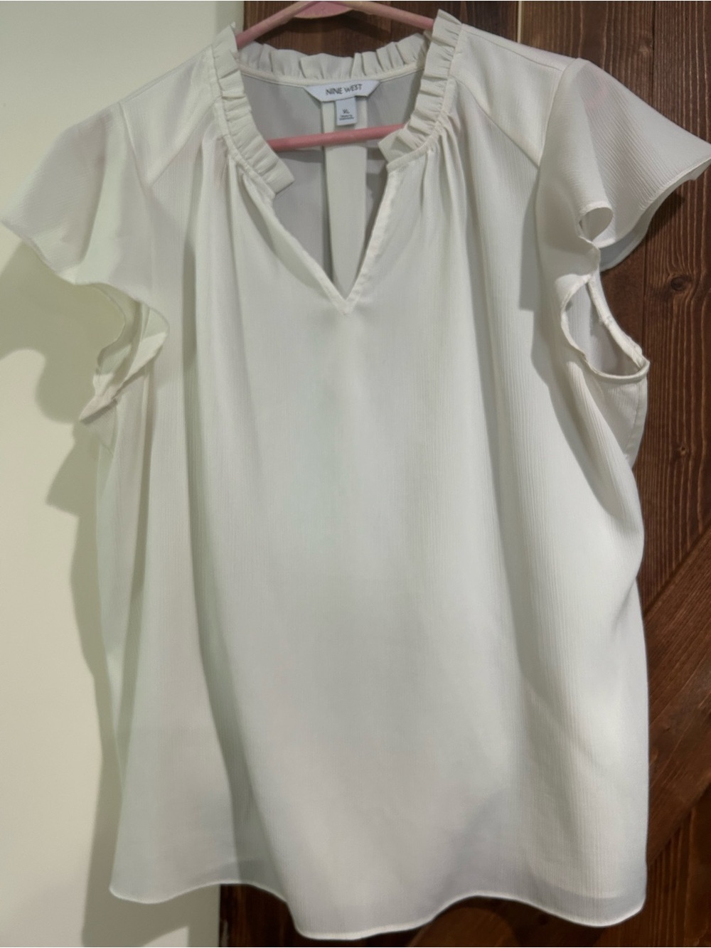 Nine West Cream Ruffle V-Neck Flutter Sleeve Blouse